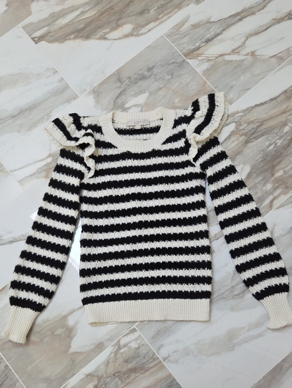 LOFT Black & Ivory Striped Ruffle-Shoulder Crew Sweater